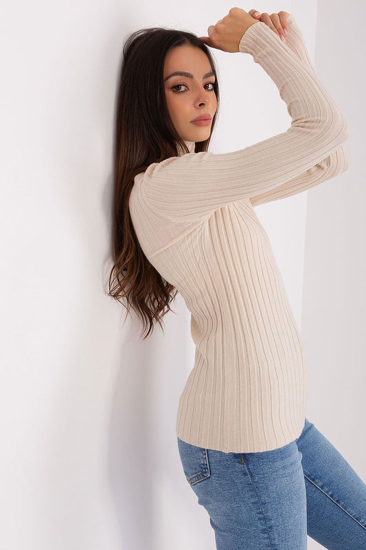 Close-up of the luxurious Viscose Turtleneck Sweater from Factory Price, highlighting its soft texture and stylish ribbed detailing.