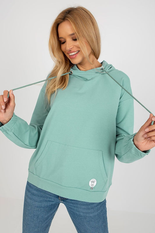 Comfortable long sleeve hoodie in soft cotton fabric, featuring a fashionable hood with ties and unique pocket patch, ideal for sophisticated everyday wear.