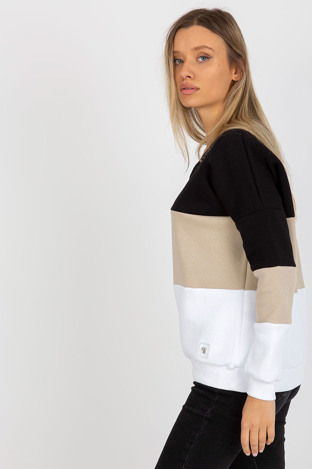 Fashionable long-sleeve V-Neck Cotton Sweatshirt worn casually, demonstrating its versatility and ease of pairing with various outfits for a sophisticated look.