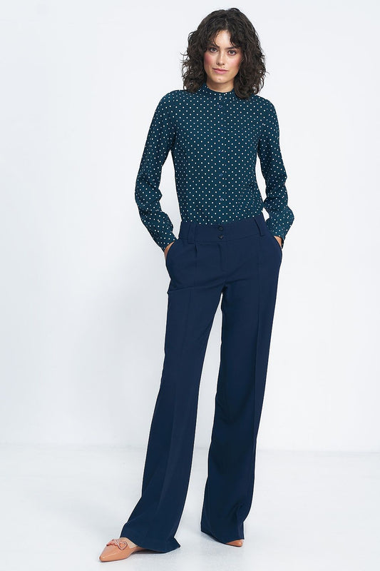 Charming button-down shirt design with long sleeves and cuffs, ideal for autumn styling, showcasing versatile pairing options with suit sets.