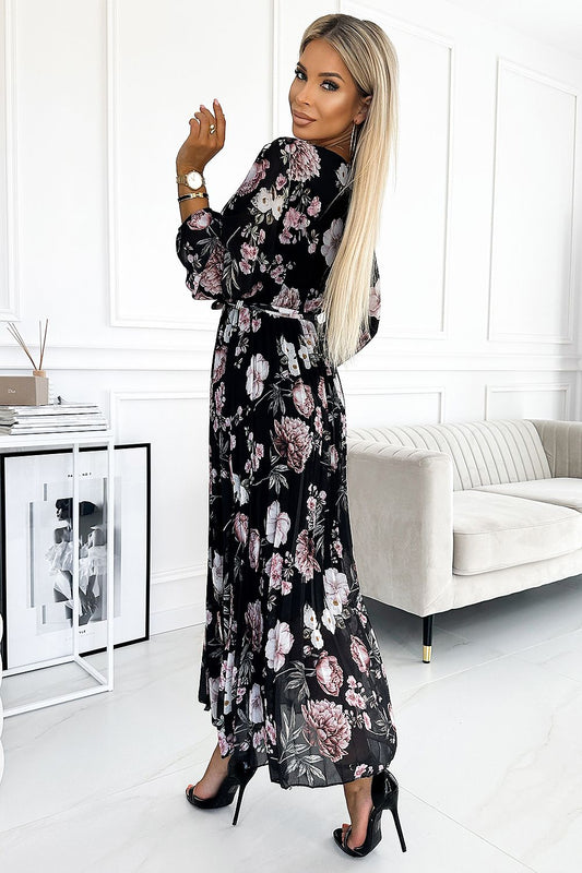 Elegant Numoco Chiffon Midi Dress in pink floral print featuring long sleeves and a waist tie, perfect for sophisticated occasions, Size EU 0.