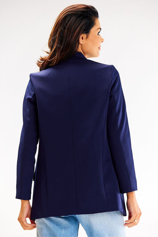 Stylish Awama loose jacket draped on a mannequin, showcasing the luxurious shawl collar and 3/4 length ruffled sleeves.