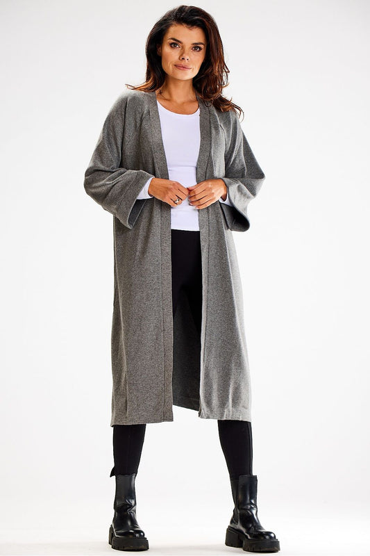 Elegant long cardigan by Awama, showcasing a chic tie belt and stylish wide sleeves, made from a luxurious nylon, PBT, and viscose mix.