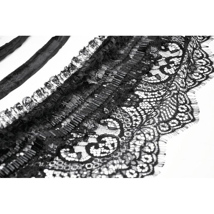 Close-up view of the Hemline of the Dark in Love Gothic Hoop Cage Skirt, featuring exquisite soft black lace trim, highlighting the garment's refined craftsmanship and vintage-inspired design.