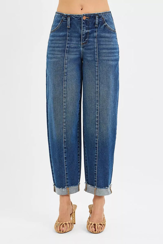 Front view of high rise cuffed jeans, featuring a relaxed fit and sophisticated detailing, ideal for versatile outfits.