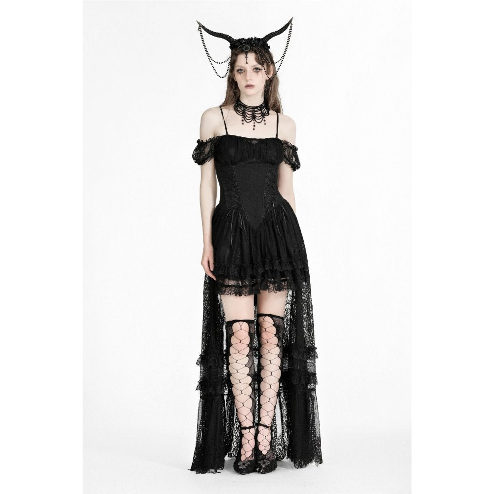 Model wearing the Kelilah Lace Hi-Low Dress by Dark in Love, capturing the essence of unique gothic style.