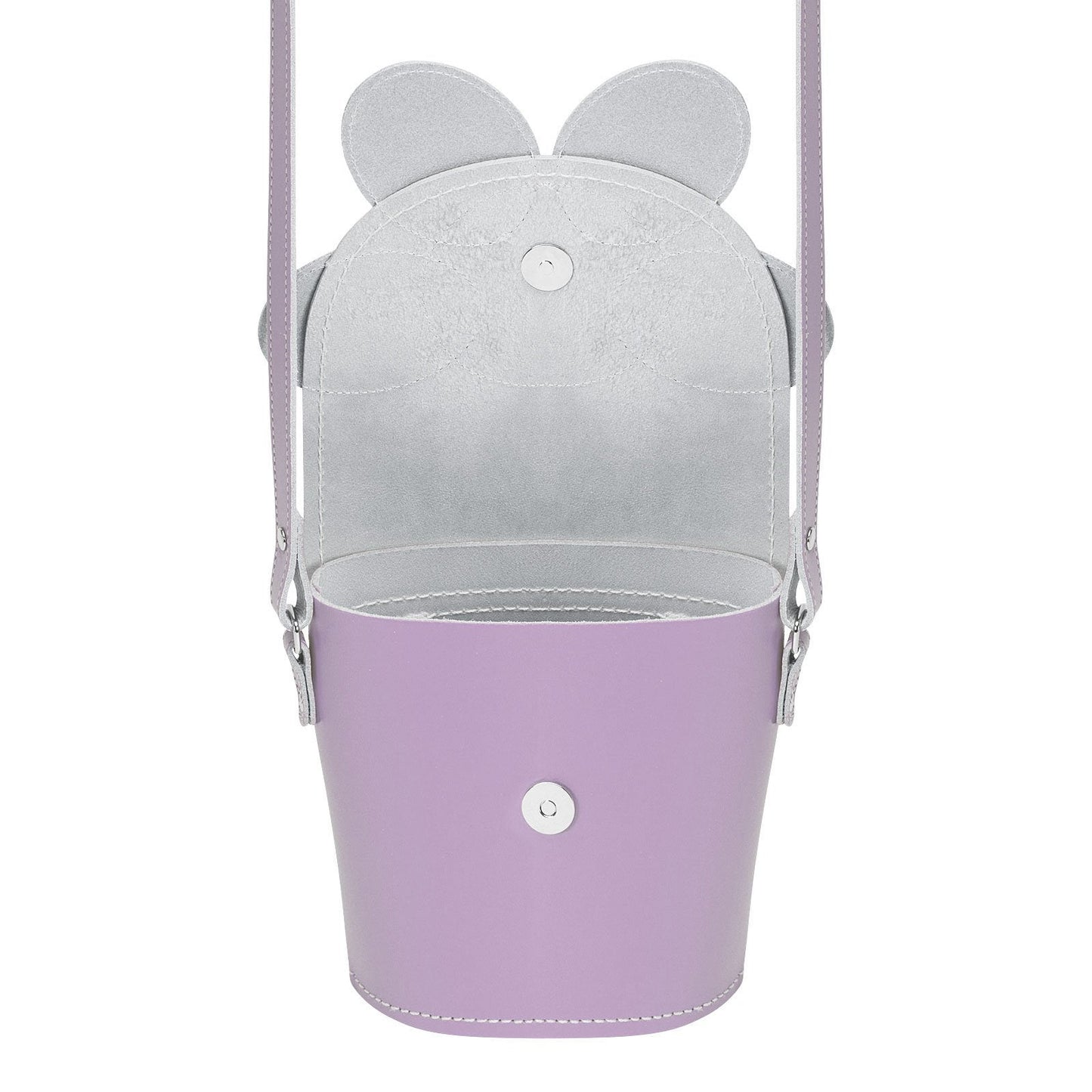 Stylish overhead view of the Handmade Premium Leather Daisy Barrel Bag in pastel violet, perfect for adding a touch of floral elegance to any outfit.