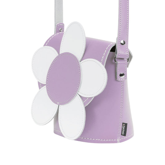 Handmade Premium Leather Daisy Barrel Bag in pastel violet with exquisite daisy appliqué, showcasing luxury and intricate craftsmanship.