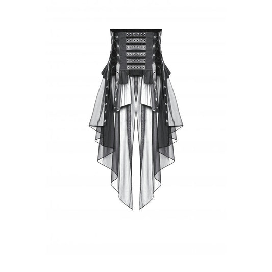 Close-up of Dark in Love Draven Waist Cincher Skirt detailing, highlighting silver-tone grommets and bold front buckle panel.