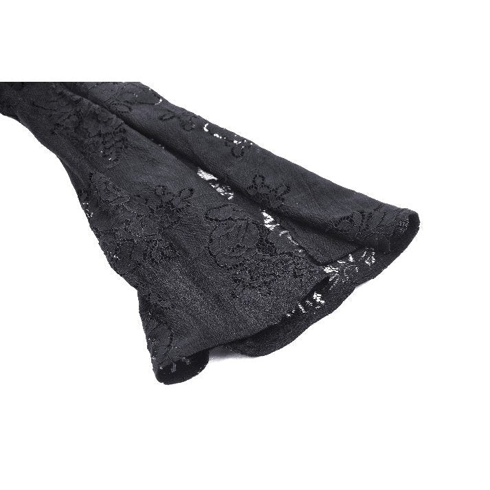 Elegant gothic lace dress with gemstone buttons and adjustable waist, modelled in black, showcasing a flared silhouette for a striking fashion statement.