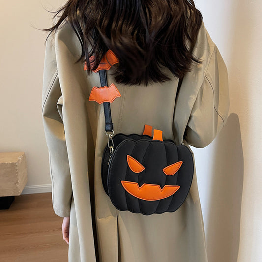 2023 Halloween Bags Funny Pumpkin Cartoon Shoulder Crossbody Bag showcased from the back, with chic bat strap design, ideal for festive occasions.