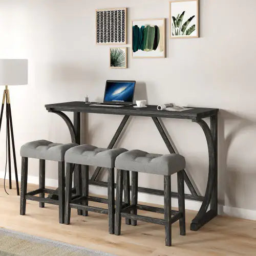 Elegant view of the Apex Artisan Bar & Workstation Ensemble featuring a sleek dark gray-brown table with a contemporary arched base and three sophisticated light gray bar stools, perfect for upscale living.