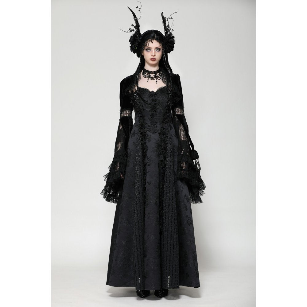 Model wearing the Dark in Love Lavinia Velvet and Lace Shrug, illustrating its stylish fit and elegant gothic aesthetic.