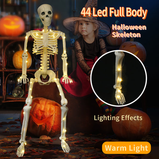 90cm Warm Light Stand-able Hanging Halloween Luminous Skeleton featuring warm glow LED lights, designed for sophisticated Halloween décor.