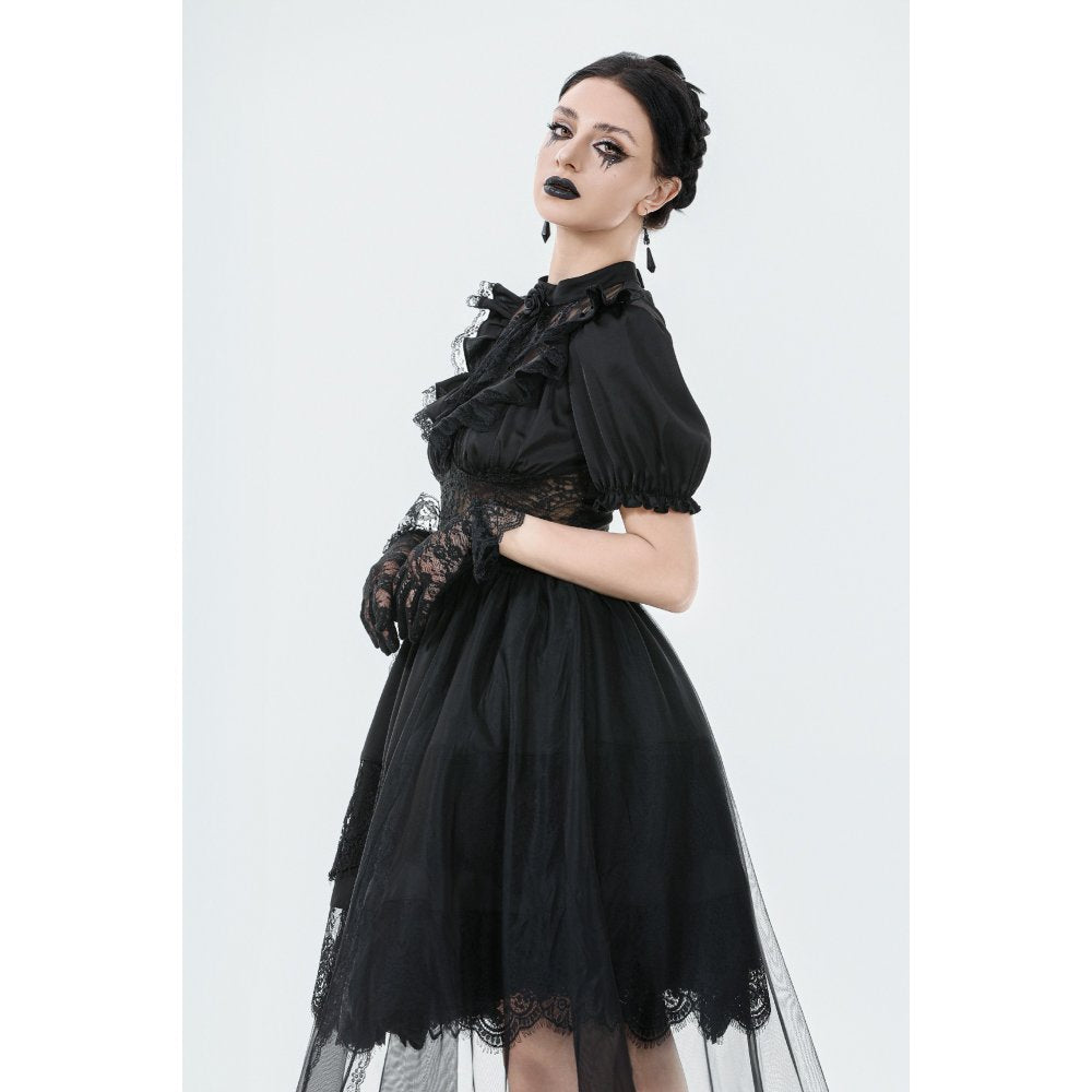 Elegant Dark in Love Ebon Rose High-Low Mesh and Lace Gothic Dress with Puff Sleeves and Sheer Waist, perfect for alternative weddings and gothic events. Features intricate lace detailing and a dramatic flowing design for sophisticated style.