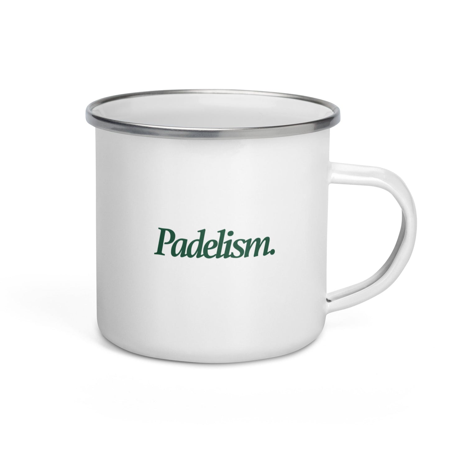 Versatile enamel mug designed for padel lovers, ideal for hot beverages or snacks, showcasing a luxurious aesthetic with its classic white and silver design.