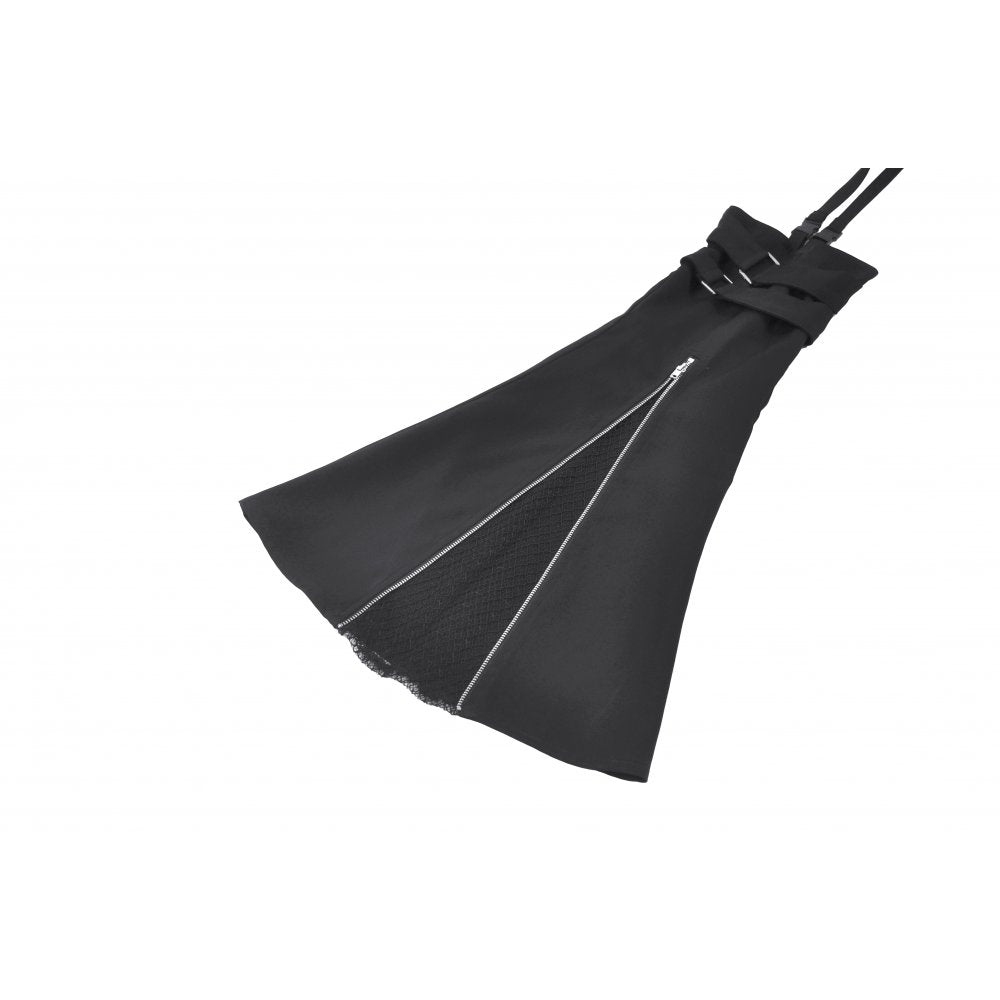 Elegant Dark In Love Convertible High-Waisted Lace-Up Goth Trousers & Shorts in Black, showcasing a striking blend of edgy design and functionality, with intricate faux fishnet detailing and detachable flared panels, perfect for creating a bold statement look.