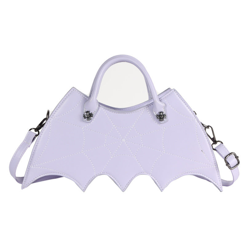 Stylish Halloween Spider Web Shape Shoulder Bag in delicate lavender, featuring Batgirl-inspired aesthetics, perfect for fashionable autumn looks and Halloween events.