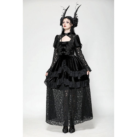 Gothic Velvet Lace Princess Gown in Onyx, featuring high neckline, choker collar, and luxurious keyhole cutout for an elegant dark aesthetic.