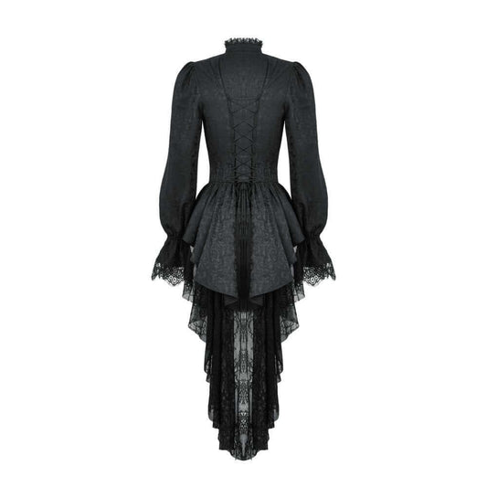 Close-up view of the high lace-trimmed collar on the Felicity Gothic Tailcoat Shirt, illustrating luxurious Gothic fashion details.