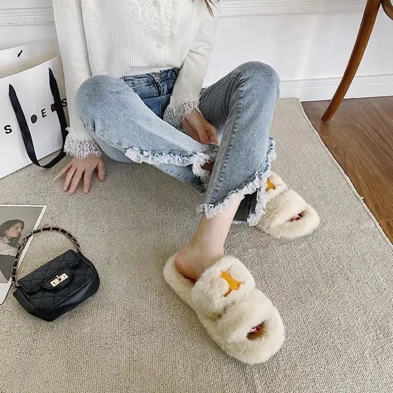 Stylish tan and cream fluffy sliders for women, combining elegance and comfort in sizes 36-41.
