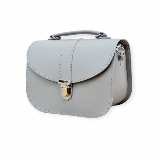 Olympia Handmade Leather Handbag in Ghost Grey showcasing British craftsmanship and luxury design, perfect for stylish everyday use.