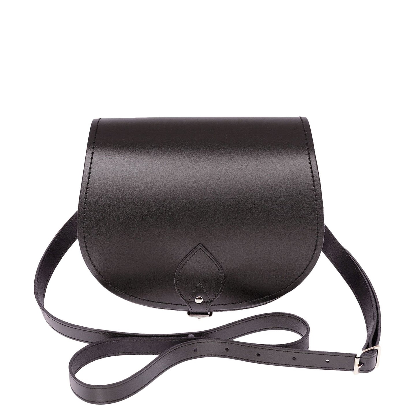 Handmade Graphite Leather Saddle Bag by Zatchels, showcasing its elegant classic design, adjustable crossbody strap, and luxurious leather craftsmanship, available in two sizes.