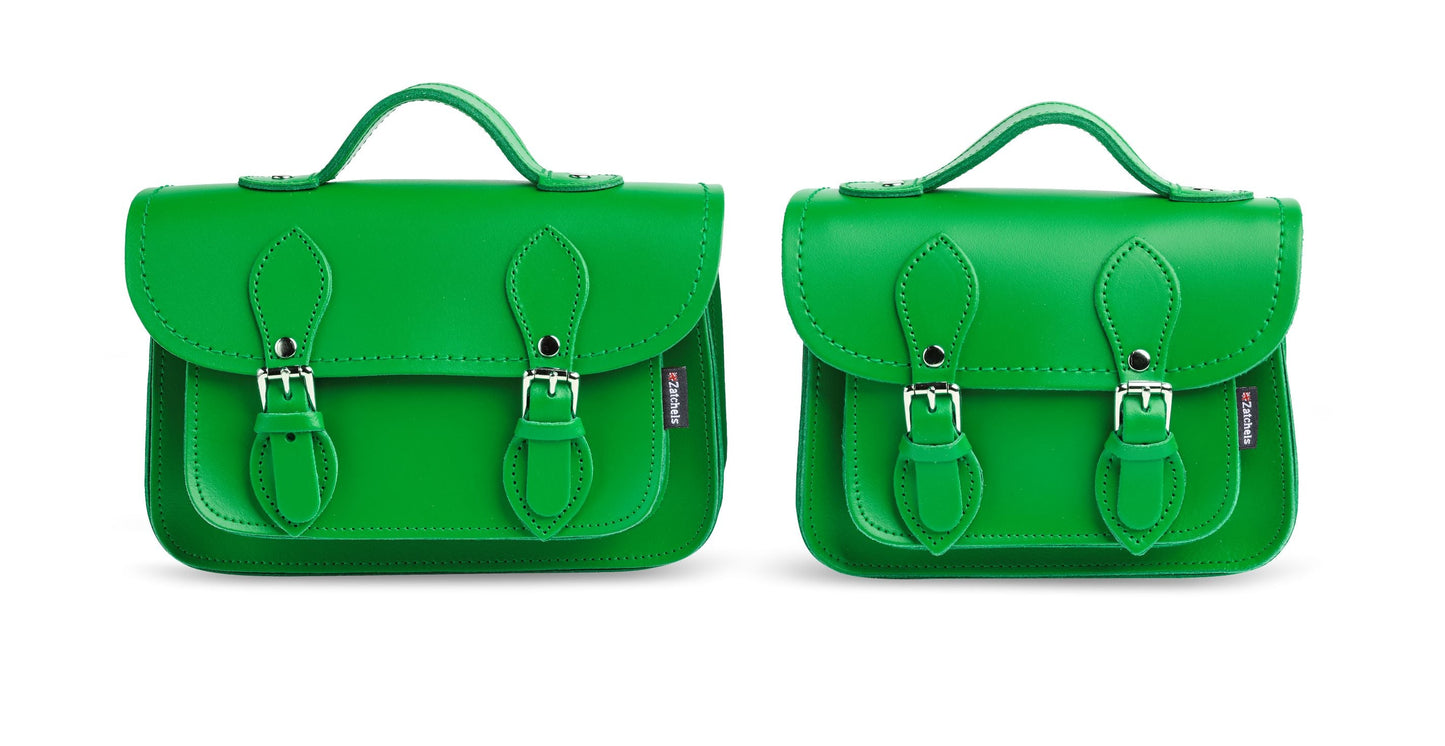 Interior view of the Handmade Green Leather Micro Satchel, highlighting its spaciousness for essentials while maintaining a stylish minimalist aesthetic.