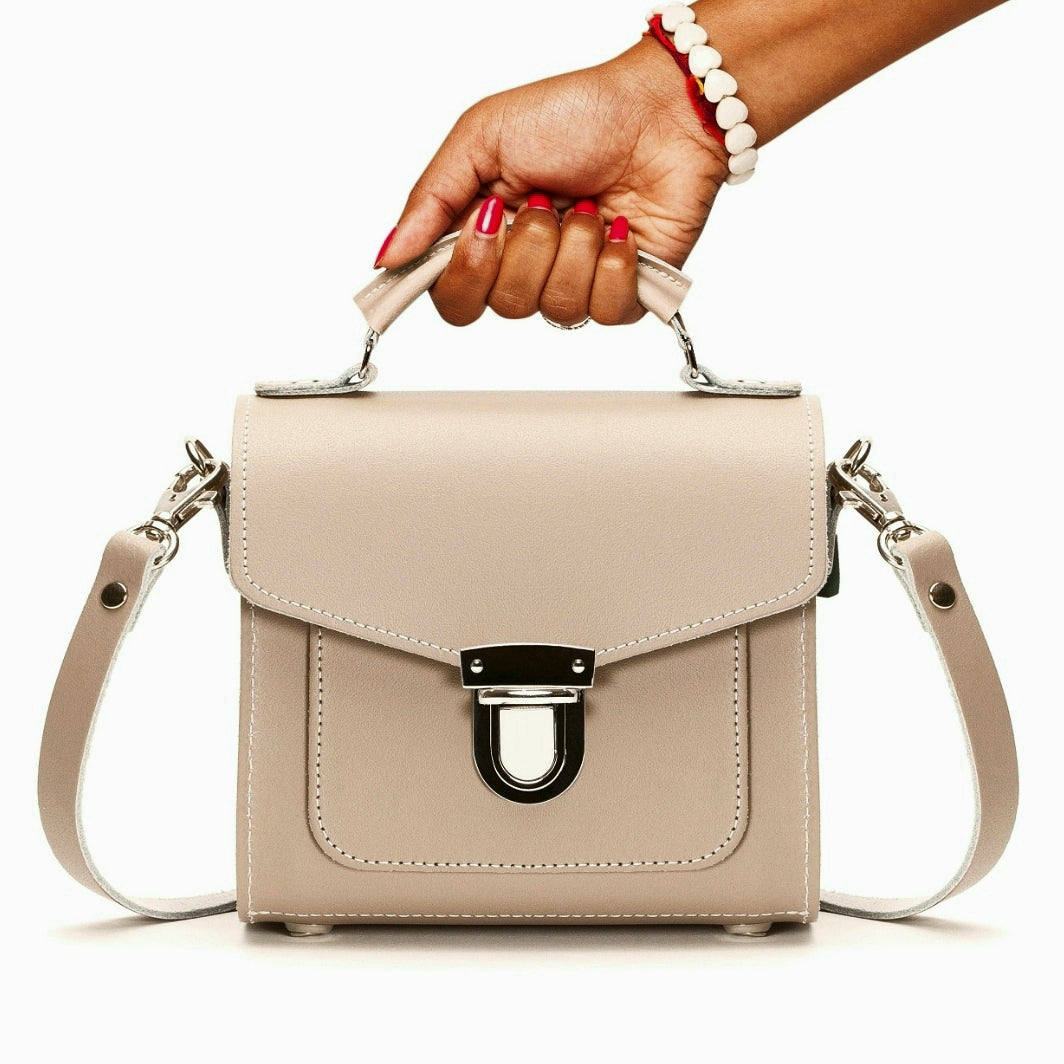 Versatile Handmade Iced Coffee Leather Sugarcube Handbag displayed in three sizes, illustrating its stylish shape and functionality for every occasion.