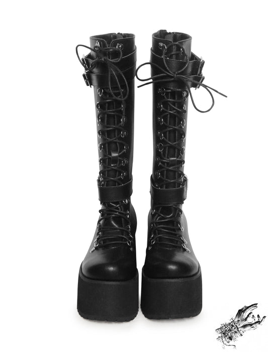 Black Matte Leather Knee High Platform Boots, "Lexa" Gothic Platform Boots