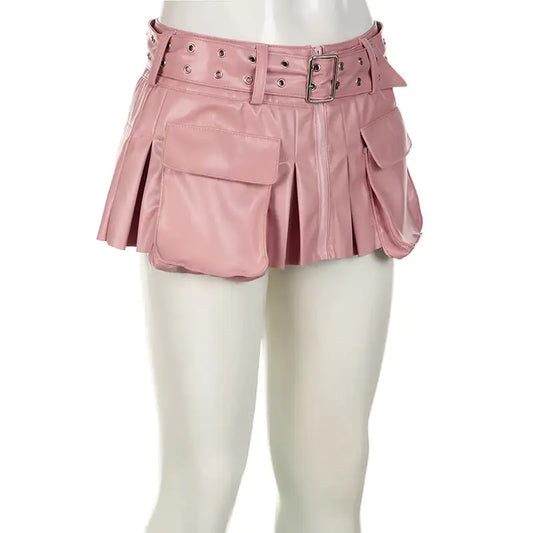 Side view of the Women's Chic Streetwear Fashion Leather Mini Skirt in pink, highlighting its unique pleated back and edgy motorcycle-inspired design.