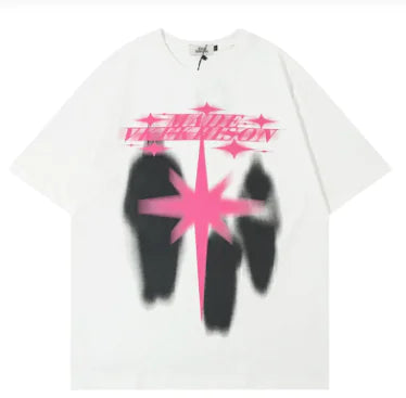 Starglow Men's Celestial Printed Tee in pristine white, showcasing vibrant pink and black graphic designs for a touch of elegance and sophistication.