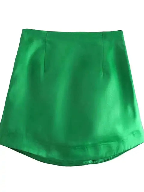 Luxurious Satin Short Skirt for Women in Vibrant Green - Chic High Waist Design, enhancing elegance and style.