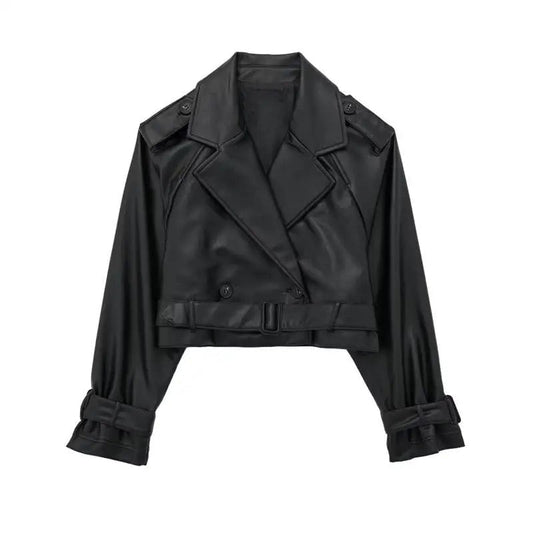 Elegant black leatherette cropped trench coat with long sleeves and tabs, showcasing sophisticated tailoring and modern design.