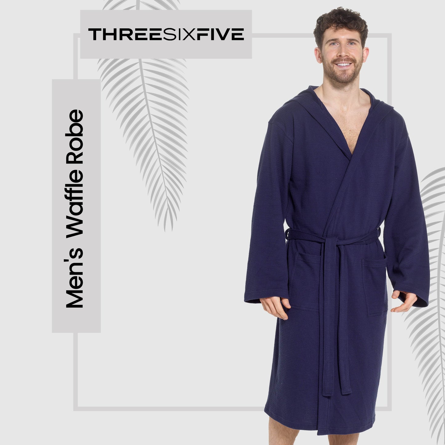 Stylish Men's Hooded Navy Cotton Bathrobe displayed in a serene spa setting, highlighting its luxurious features and perfect fit for relaxation.