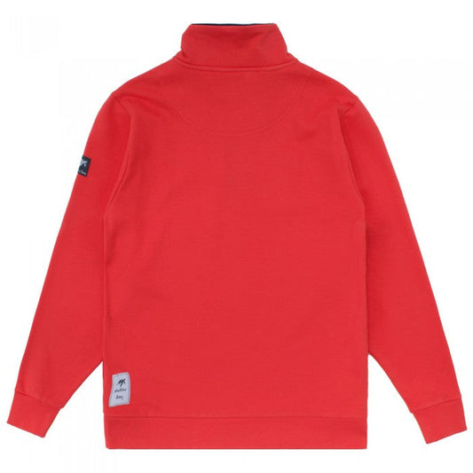 Detail shot of the Unisex Spicy Red West Coast Sweatshirt showcasing the signature embroidered Mullins turtle logo on the left chest.