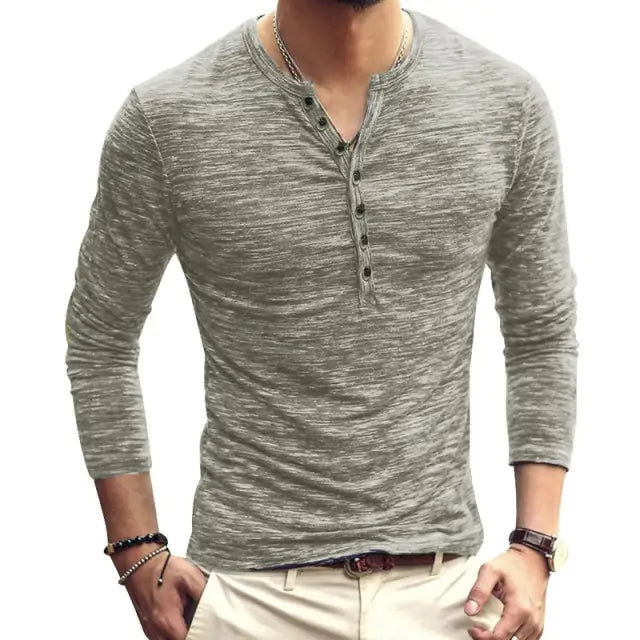 Elegant Men's Long Sleeve V-Neck Tee Shirt with Button Down Detail displayed in a refined grey shade, perfect for elevating your casual wardrobe.