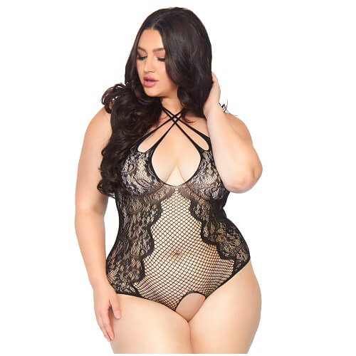 Luxurious Leg Avenue Plus Size Crotchless Teddy, featuring an intricate net and lace design with a multi-strap halter neck and faux lace-up back for an elegant and seductive look.