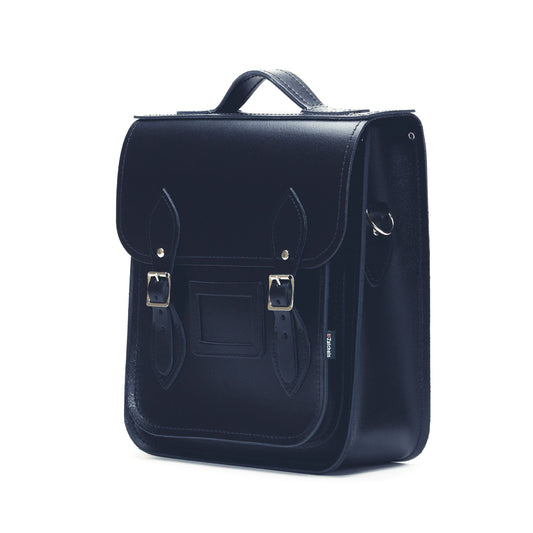 Premium quality Scottish leather city backpack in navy blue, showcasing exquisite craftsmanship with adjustable straps and customizable features.