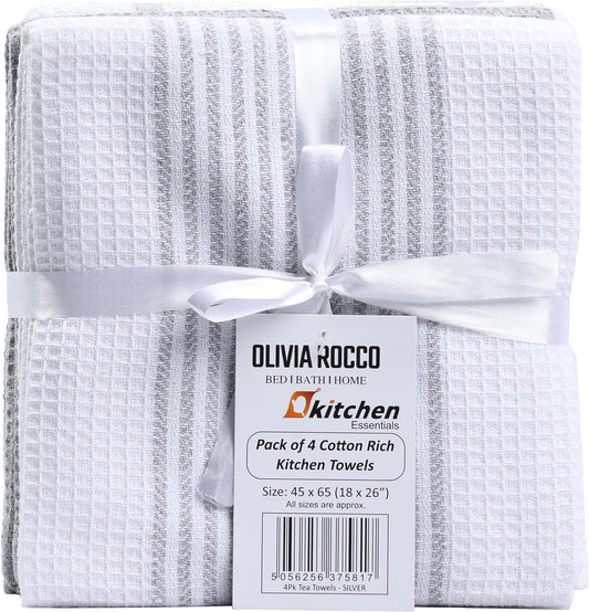 Pack of 4 luxurious green cotton tea towels by OLIVIA ROCCO, showcasing superior absorbent quality and elegant design, perfect for enhancing kitchen aesthetics.