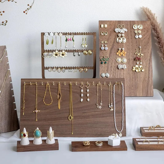 Large capacity walnut jewelry stand designed for organised display of earrings and necklaces, featuring exquisite craftsmanship and an elegant aesthetic.