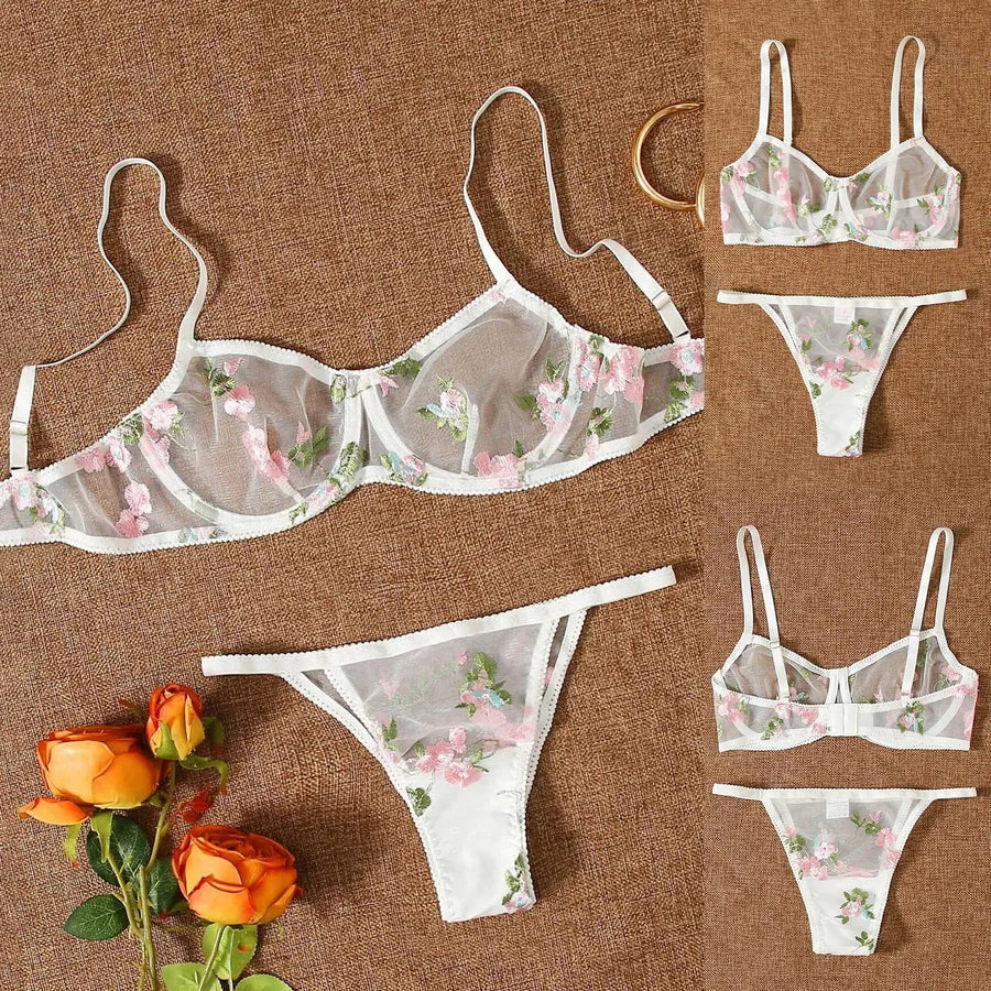 Elegant floral embroidered sheer bra with intricate lace detailing, showcasing a luxurious design perfect for a sexy lingerie set.