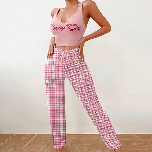 Chic sleeveless U neck top paired with elegant plaid trousers, ideal leisure wear for young women in various seasons.