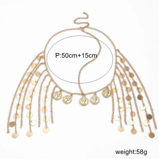 Close-up of the Elegant Gold CCB Geometric Pattern Sequin Tassel Head Chain, highlighting its high-quality alloy construction and luxurious tassel details.