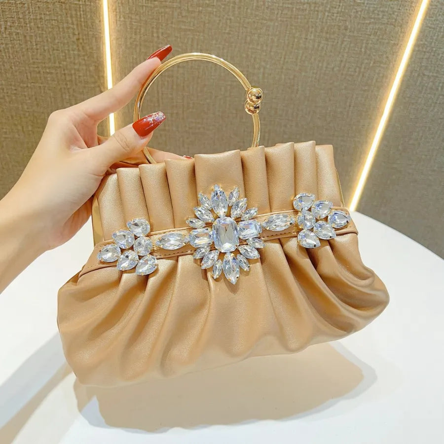 Elegant Diamond Embedded Evening Bag Women's Handbag Wedding Party Clutch Shoulder Crossbody Bag Fashionable PU Folded Shape