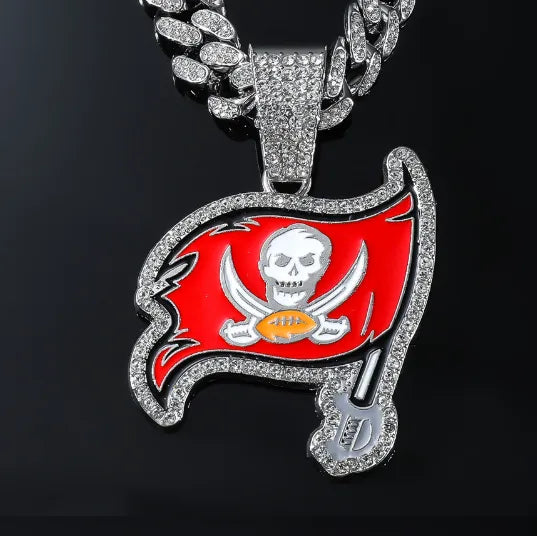 Luxury men's skull pendant necklace adorned with full rhinestone inlay, featured on a stylish Cuban link chain, ideal for hip hop fashion enthusiasts.