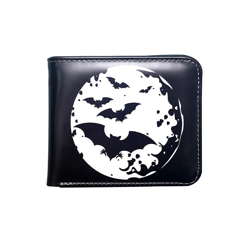 Elegant PVC open wallet for men featuring a striking bat and skull design, combining retro allure with practicality for everyday transactions, ideal for festive occasions.