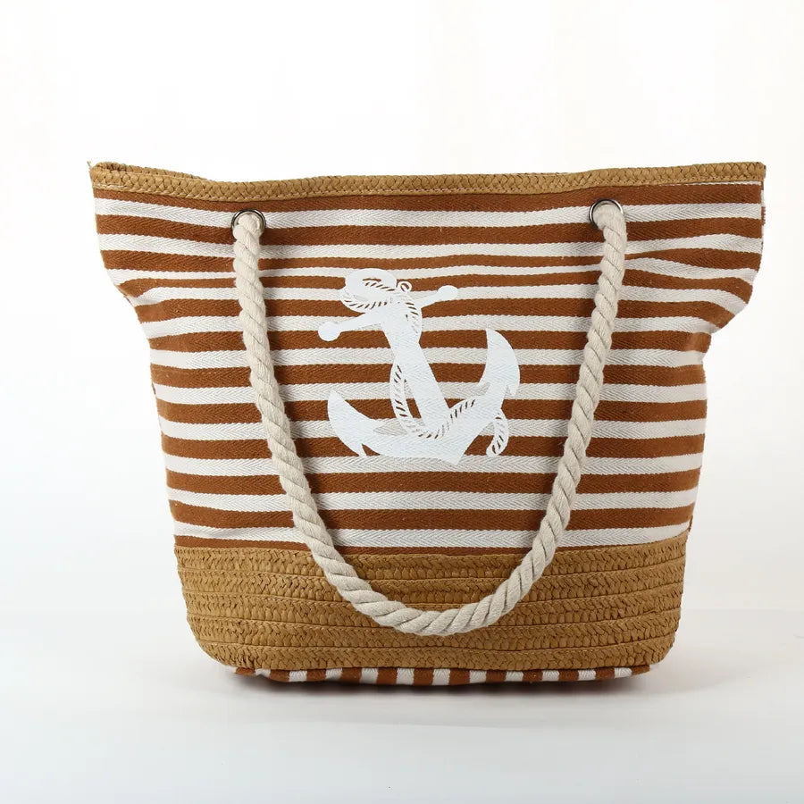 Chic and spacious women's canvas stripe beach underarm bag with sophisticated open closure and double shoulder straps, ideal for casual outings or daily use.