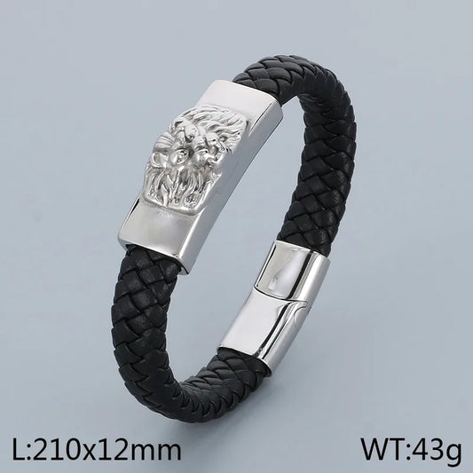 Close-up of the luxurious lion skull bangle for men, showcasing the fine details of the gold-plated finish on high-quality stainless steel and leather.