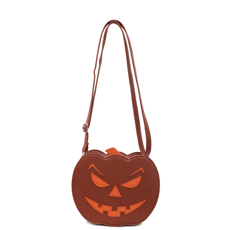 Elegant round pumpkin-themed crossbody bag with a comfortable shoulder strap, combining playful design with practicality for everyday use and special Halloween events.